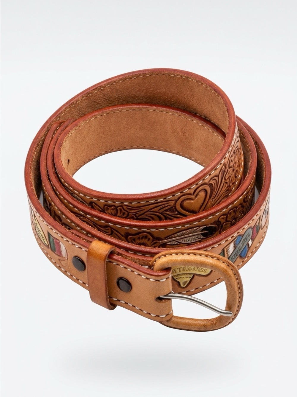 Women's Tooled Tan Leather Belt with Colorful Inlay Accents